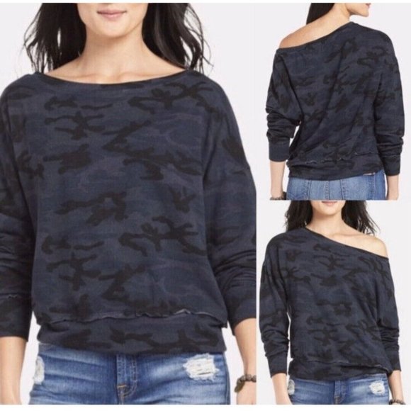 Sundry XL 4 Blue Black Camo Print Off Shoulder Cozy Pullover Sweatshirt Oversize - Picture 1 of 9